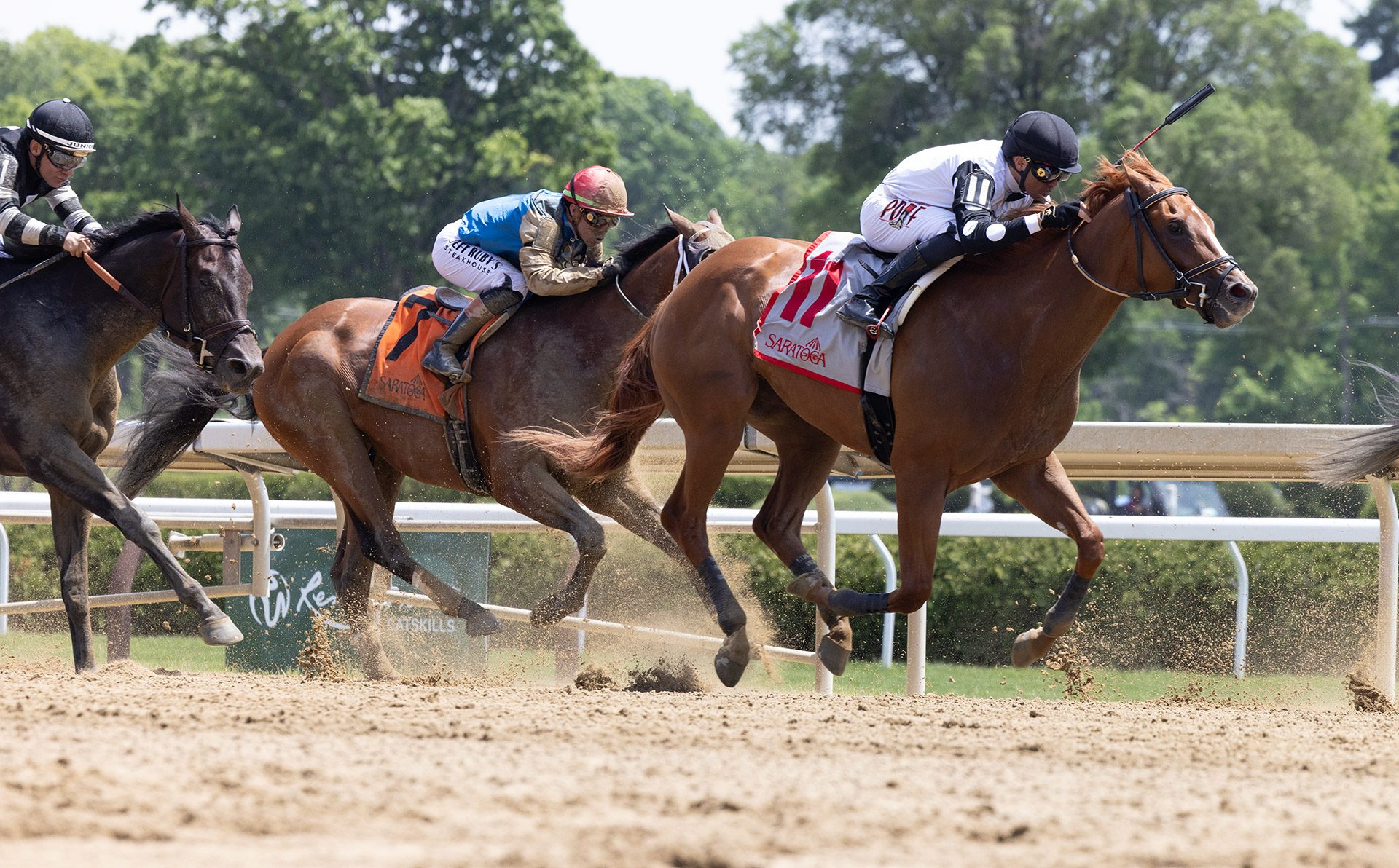 Thoroughbreds battling to the wire on the dirt at Saratoga