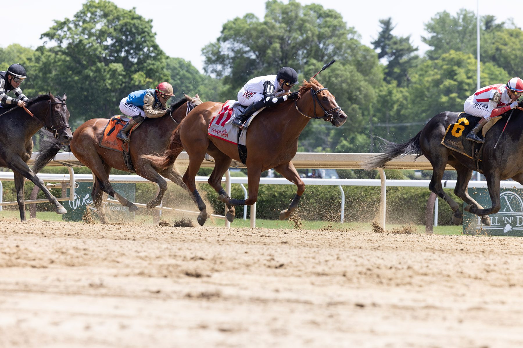 Racehorses at full stride down the Saratoga stretch